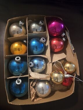 Box Of Vintage Antique Glass Christmas Ornaments Shiny Bright As Is Lot Of 13